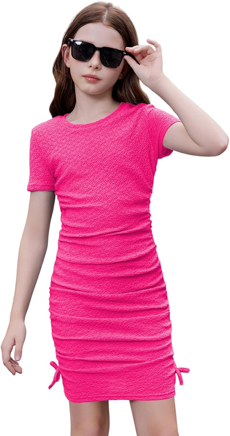 OYOANGLE Girl's Short Sleeve Dress Drawstring Side Bodycon Short Dress
