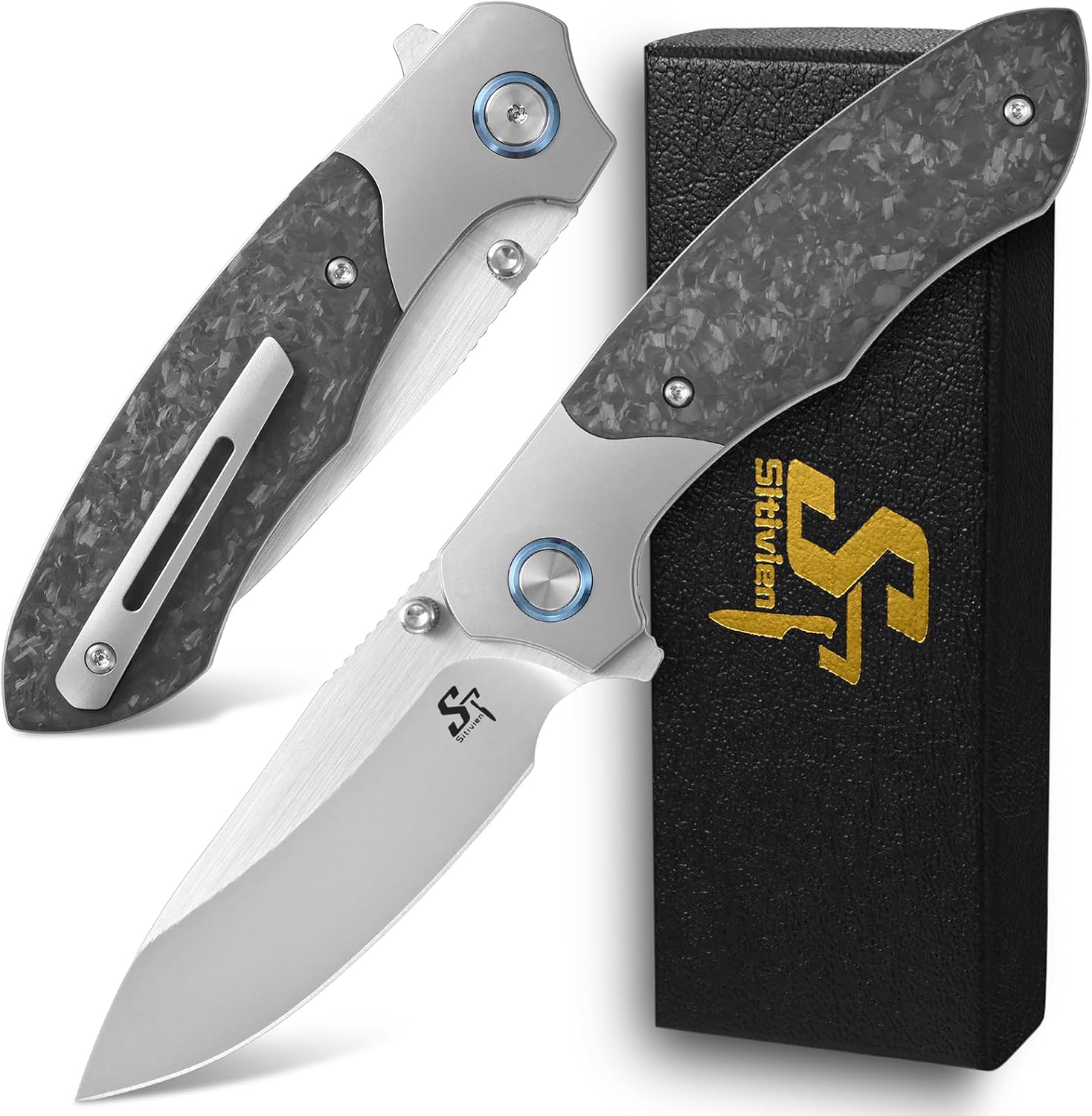 Sitivien ST272 Folding Knife, S90V Steel Blade Titanium Carbon Fiber Handle Knife with Pocket Clip for Outdoor Camping, Hiking, Survival (Gray)