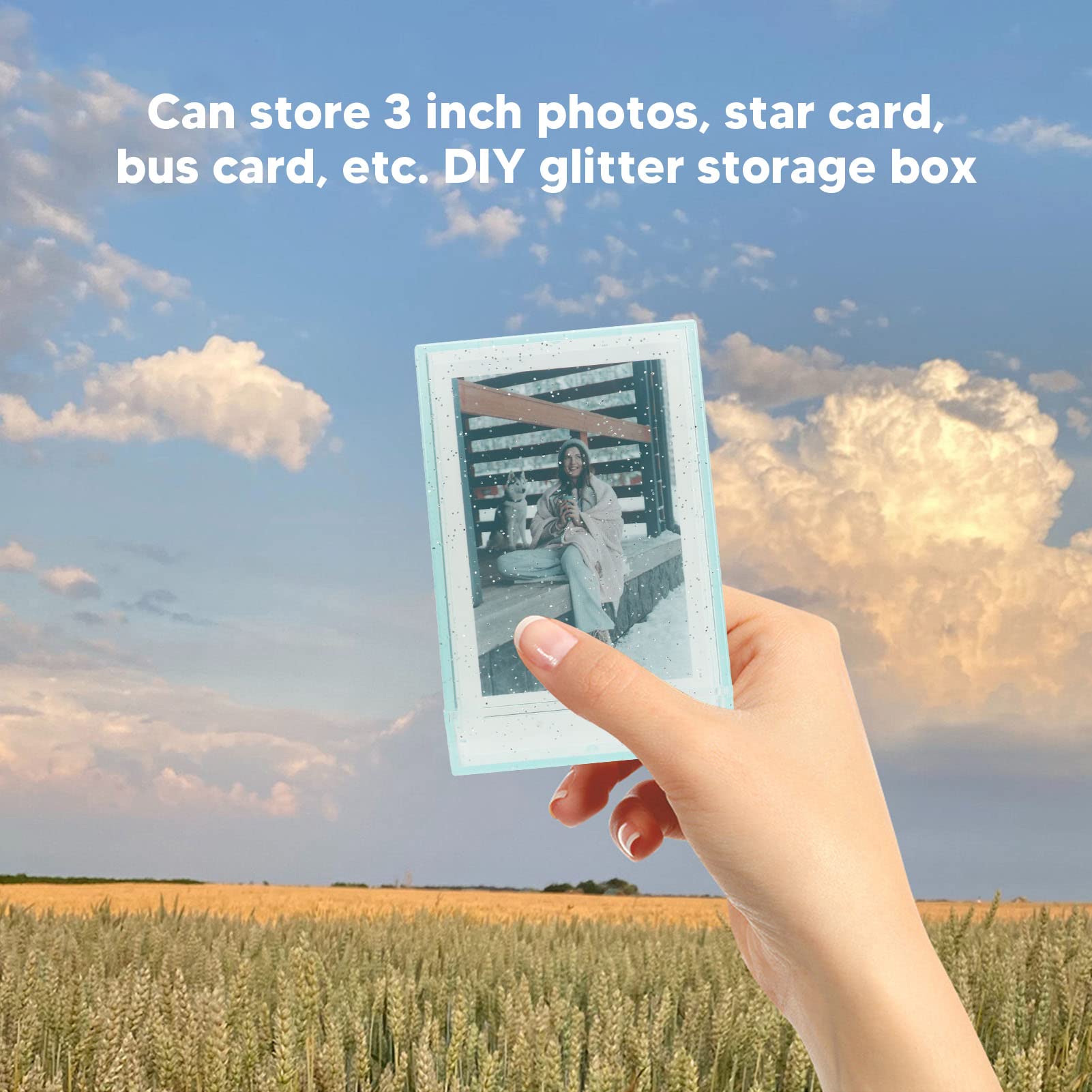 ANGGREK Photo Case, Compact and Portable 3 Inch Photo Storage Box PC with Hand Rope for Pictures (Green Transparent Glitter)