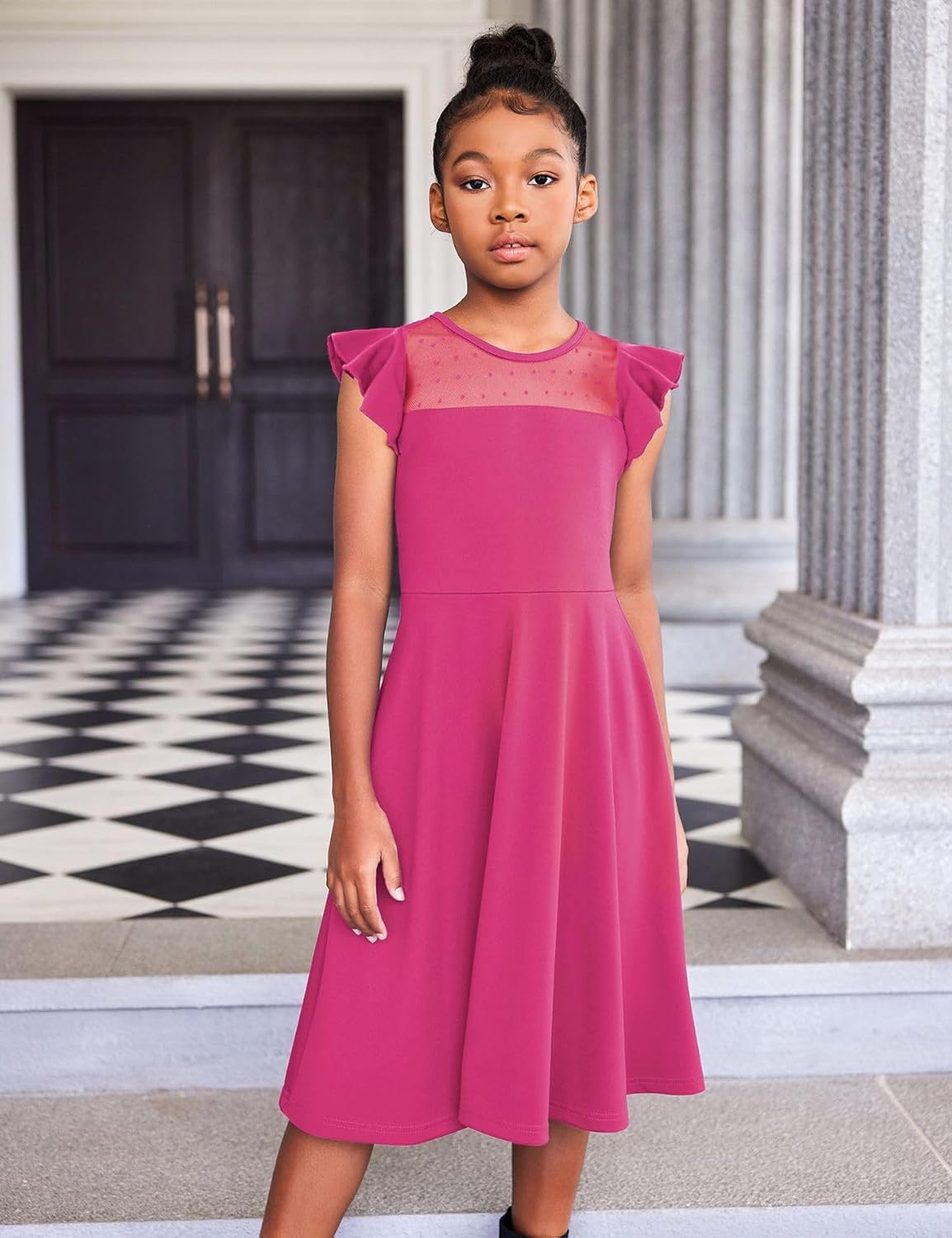 Flypigs Girls Dresses Summer Formal Party Wedding Ruffle Sleeve Mesh Knee Length A Line Dress with Pockets image 2