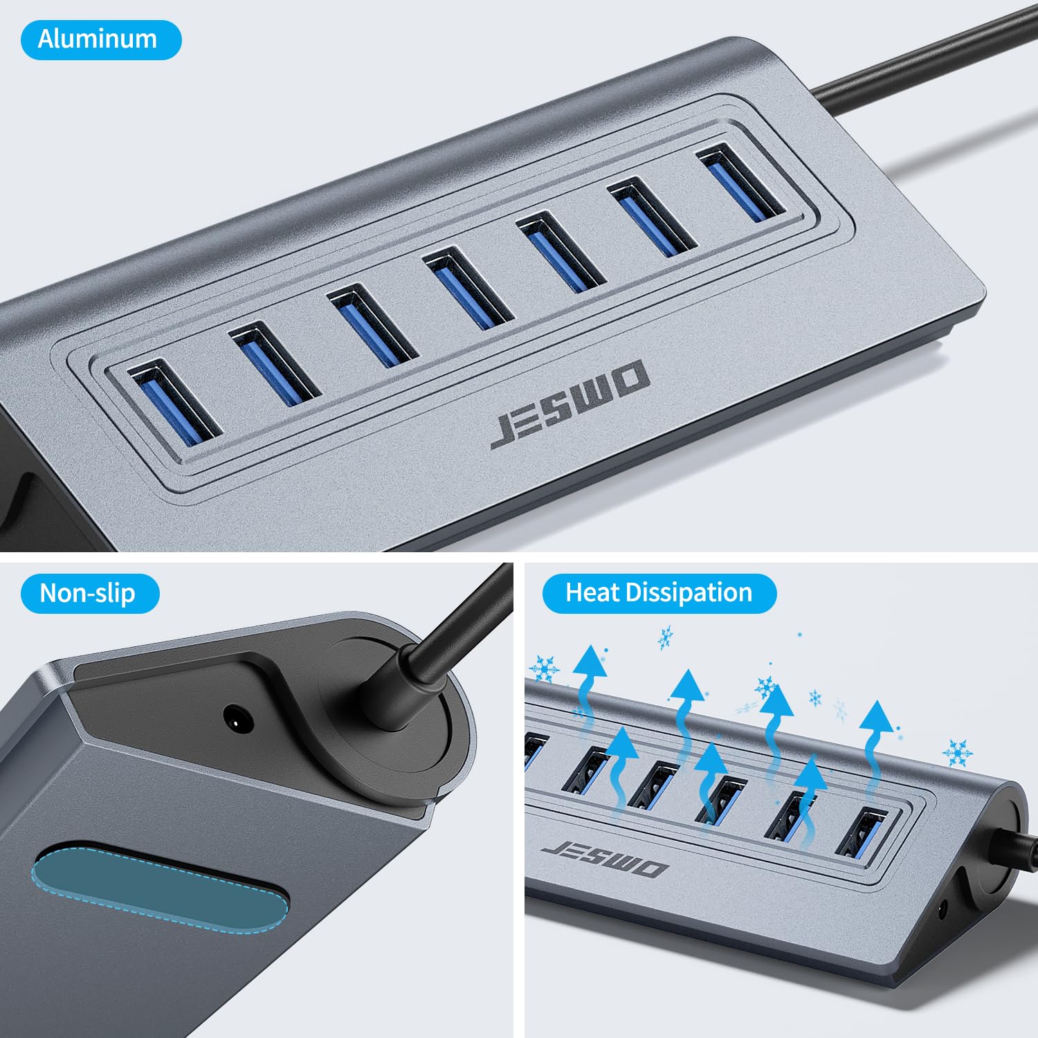 JESWO Hub USB 3.0 alimenté à 7 ports, hub de données USB en aluminium avec câble de 1 m, hub USB 3.0 alimenté avec adaptateur d'alimentation 5 V/4 A pour MacBook, ordinateur portable, lecteur flash