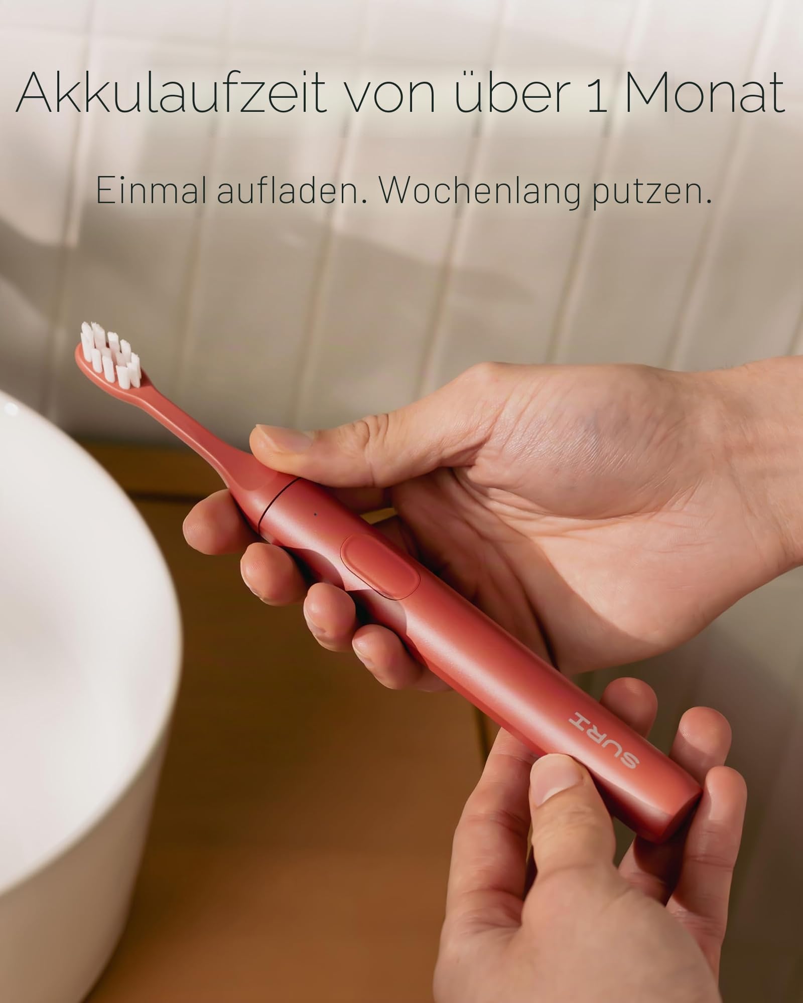 SURI 2.0 Elektrische Schallzahnbürste mit Drucksensor, 1 Monat + Akku, elektrische Zahnbürste für Erwachsene, Schallzahnbürsten, Rot