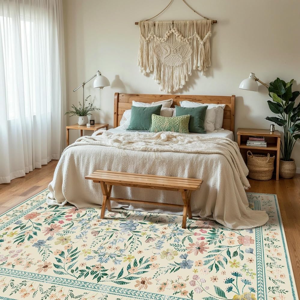 Floral Rug for Living Room Bedroom, 5x7 Washable Rug, Green Vintage Boho Area Rug, Large Non Slip Low Pile Wool Carpet for Indoor Dining Room,Girls Room,Nursery Room and Kids Room(Green 5x7ft) - Image 3