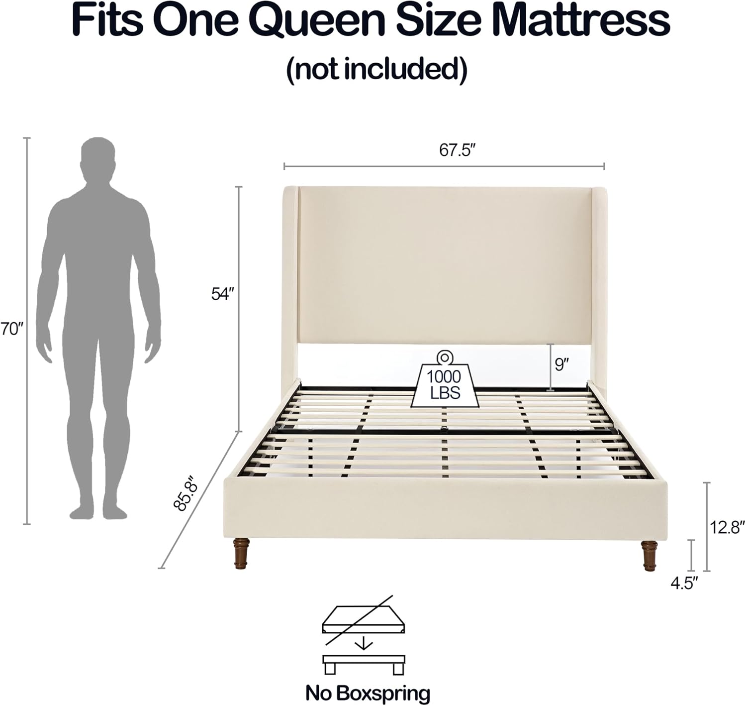 Upholstered Platform Wingback Bed Frame with 54" High Headboard, Solid Walnut Wood Feet, Sturdy Metal & Wood Slats (Boucle, Ivory White-R2030, Queen (U.S. Standard))