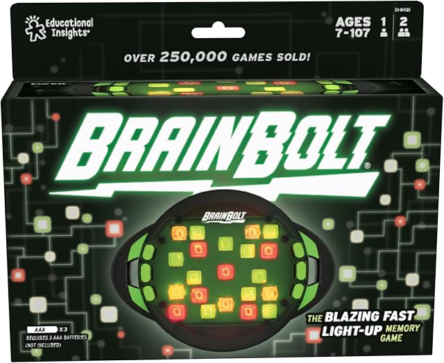 Learning Resources EI-8435 BrainBolt Brain Teaser, Puzzle Ages 7 to 107, Highly Competitive, Mind-Melting Light-Up Memory Game, Educational Insights, Solo or Two Player, for Travel, Black, Green, 20.3