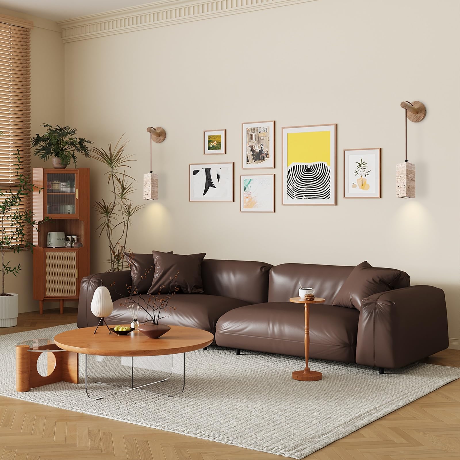 Apliques de Pared Modernos Interior Lámpara de Pared de Piedra Natural con Base de Madera Japonés Travertino Amarillo Altura Ajustable para Dormitorio Mesita de Noche O Pasillo (Color Madera)