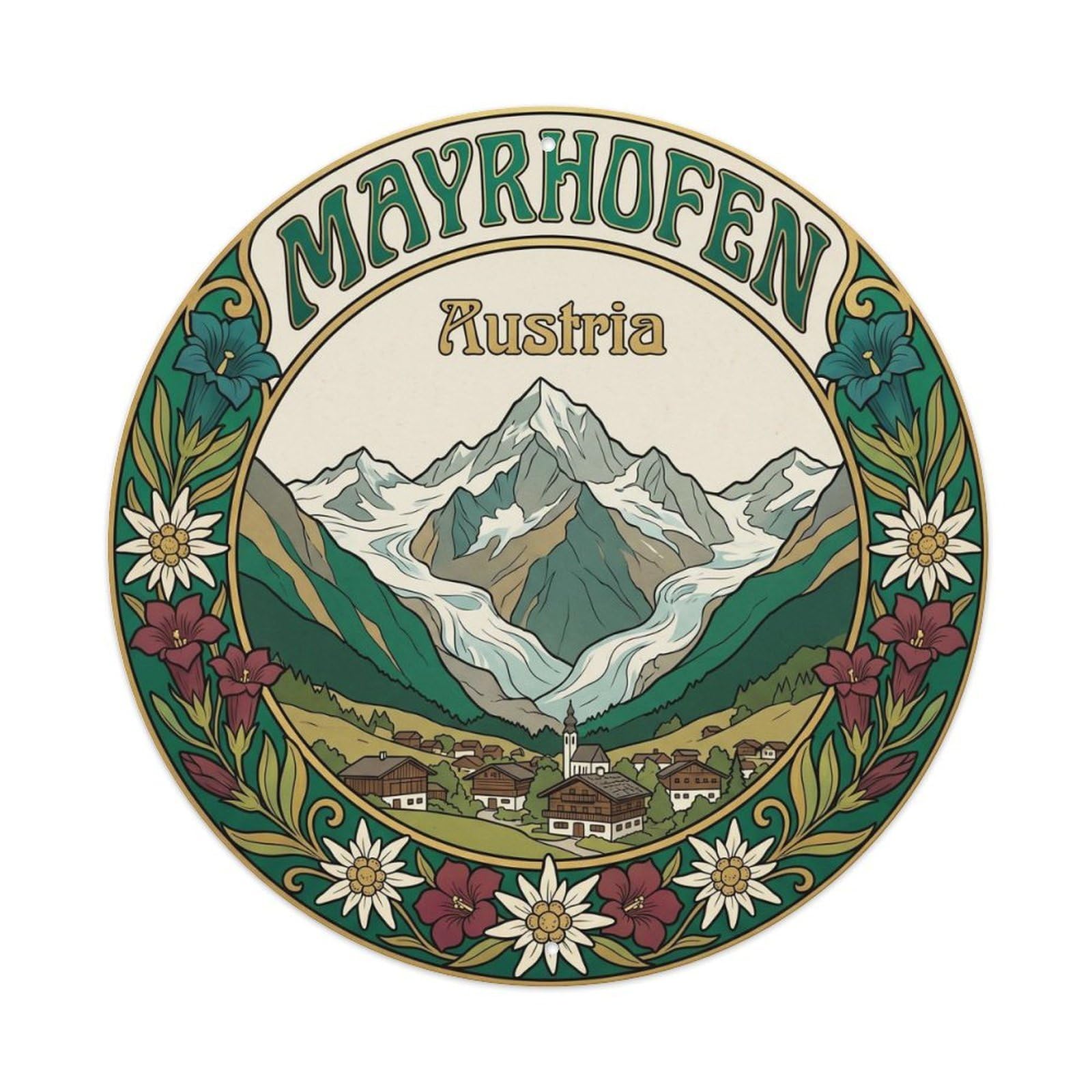 Mayrhofen Austria Tyrolean Alpine Travel Vintage Resort Metal Tin Sign Plaque Wall Decor for Cafe, Man Cave, Club Bar, Office, Home Garden Round Metal Poster 8x8Inch