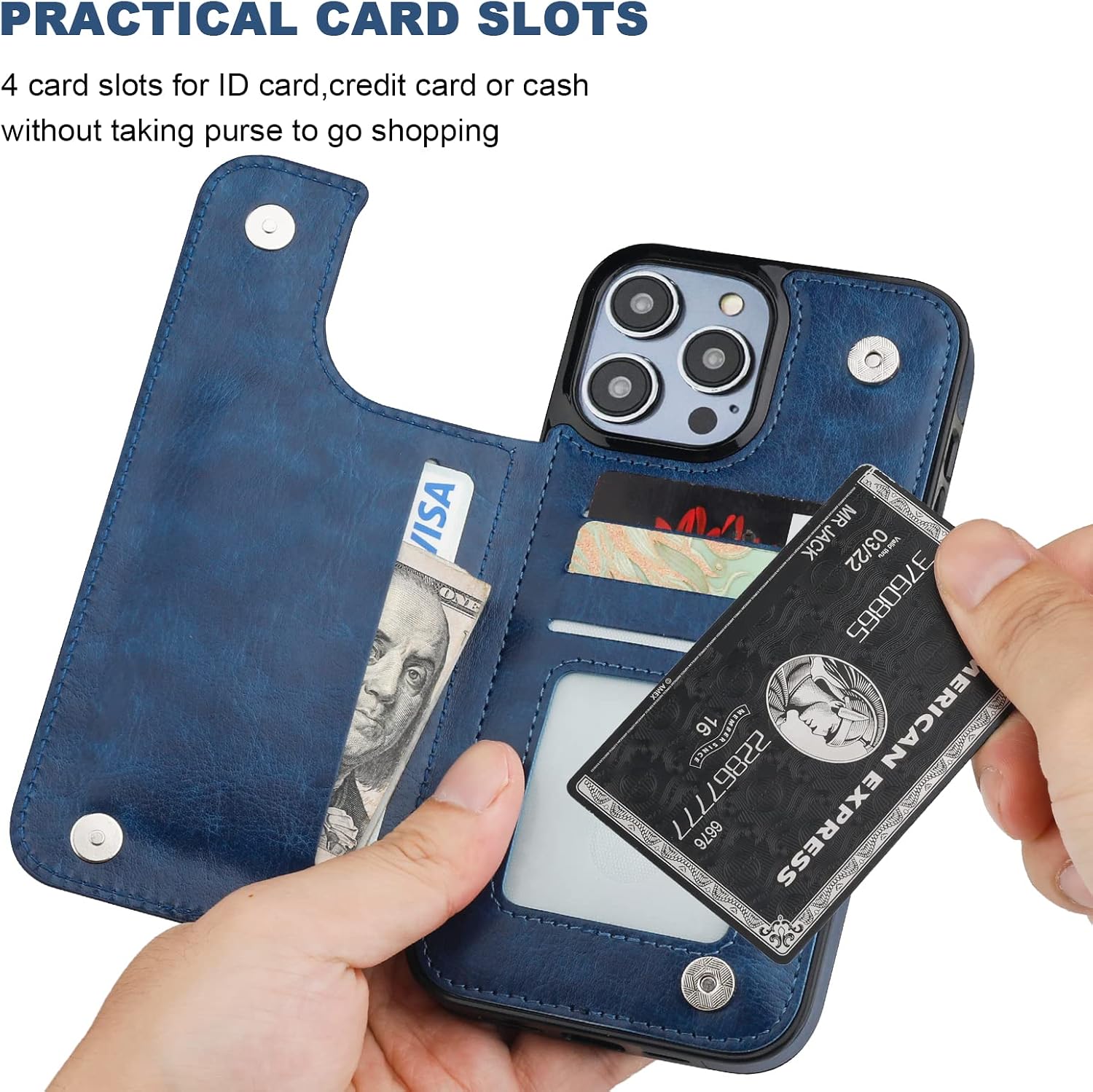ONETOP Compatible with iPhone 14 Pro Max Wallet Case with Card Holder, PU Leather Kickstand Card Slots Case, Double Magnetic Clasp and Durable Shockproof Cover 6.7 Inch (Blue)