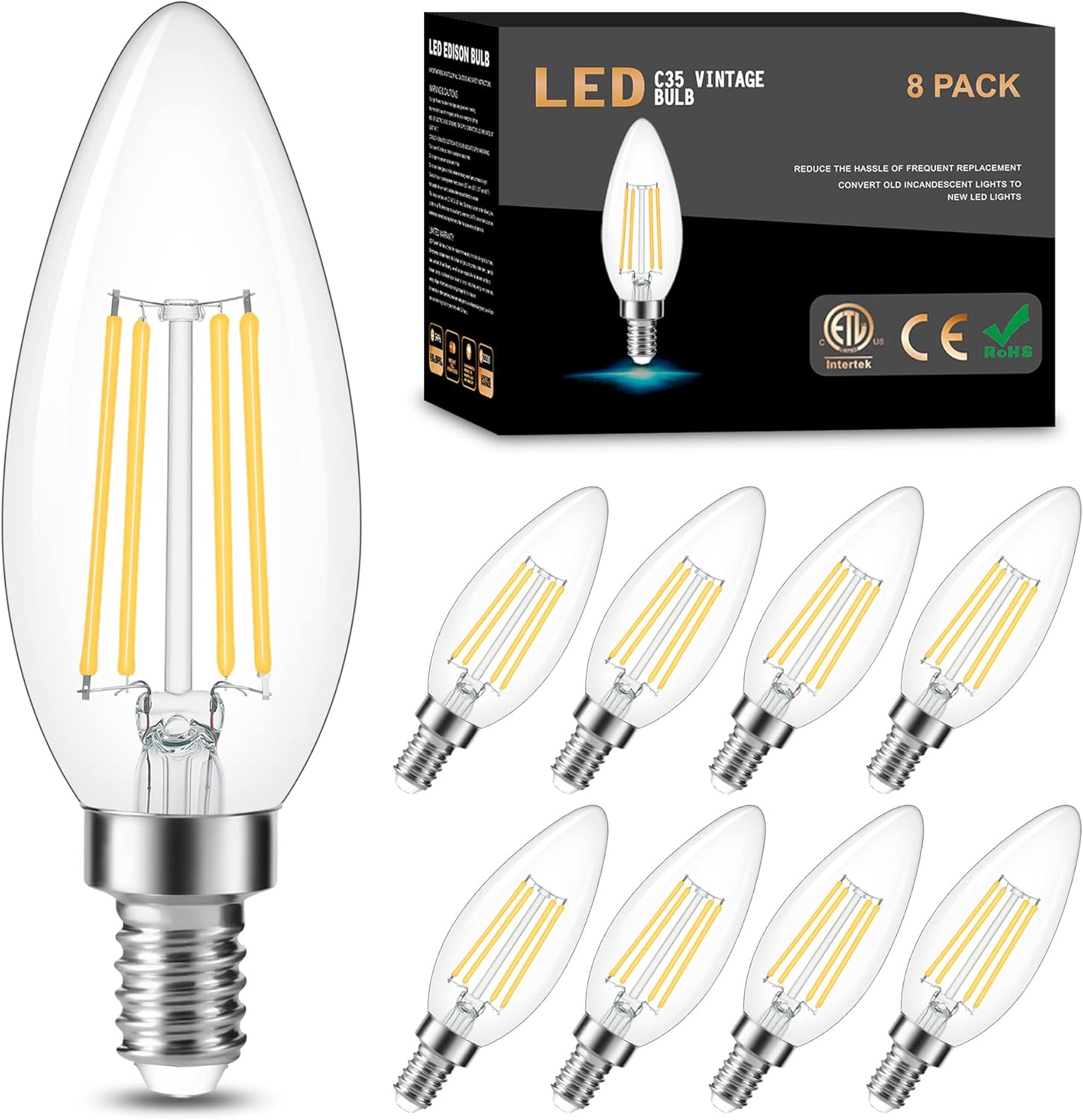 Cotanic Dimmable E12 LED Candelabra Bulb 4000K Daylight, Ceiling Fan Light Bulbs Small Base,60W Equivalent,Type B Bulb for Chandelier,Vintage B11 LED Candle Shape with Clear Glass,600LM,8 Pack