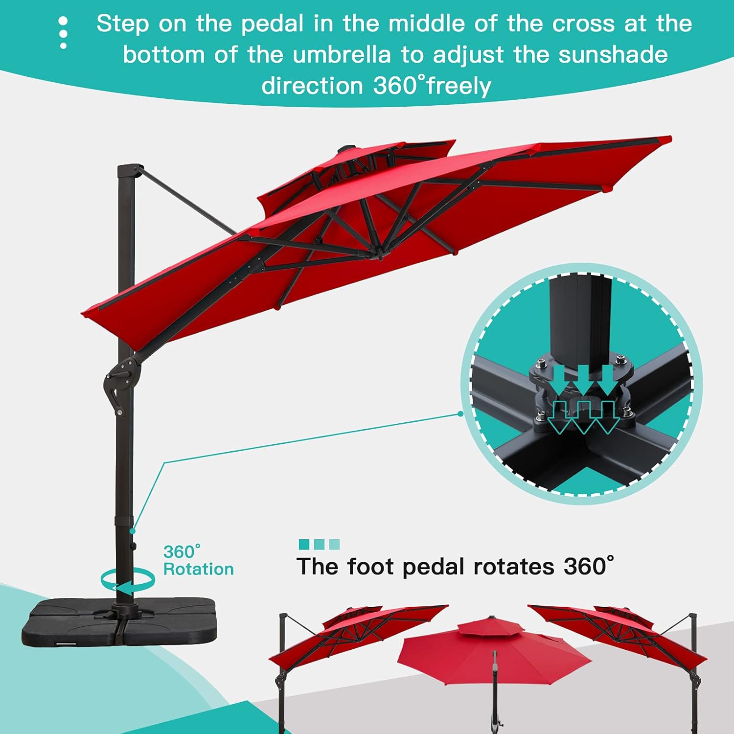 Sunnyglade 11FT Double Top Cantilever Patio Umbrella Deluxe Offset Umbrella 360° Rotation & Integrated Tilting System Heavy Duty Outdoor Umbrella for Market Garden Deck Pool Backyard Patio(Red)