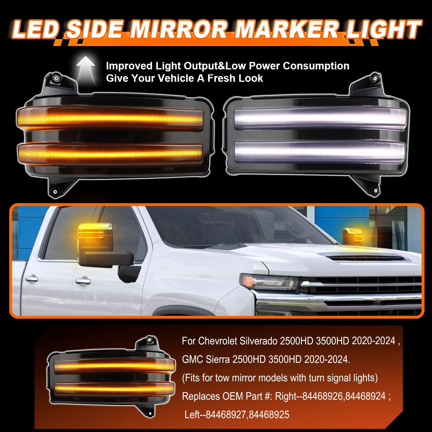 LED Side Mirror Marker Light Smoked Lens for 2020-2024 Chevrolet Silverado 2500 3500 / GMC Sierra 2500 3500 -Side Marker Lamp Function as White Daytime Running Light DRL & Turn Signal Light
