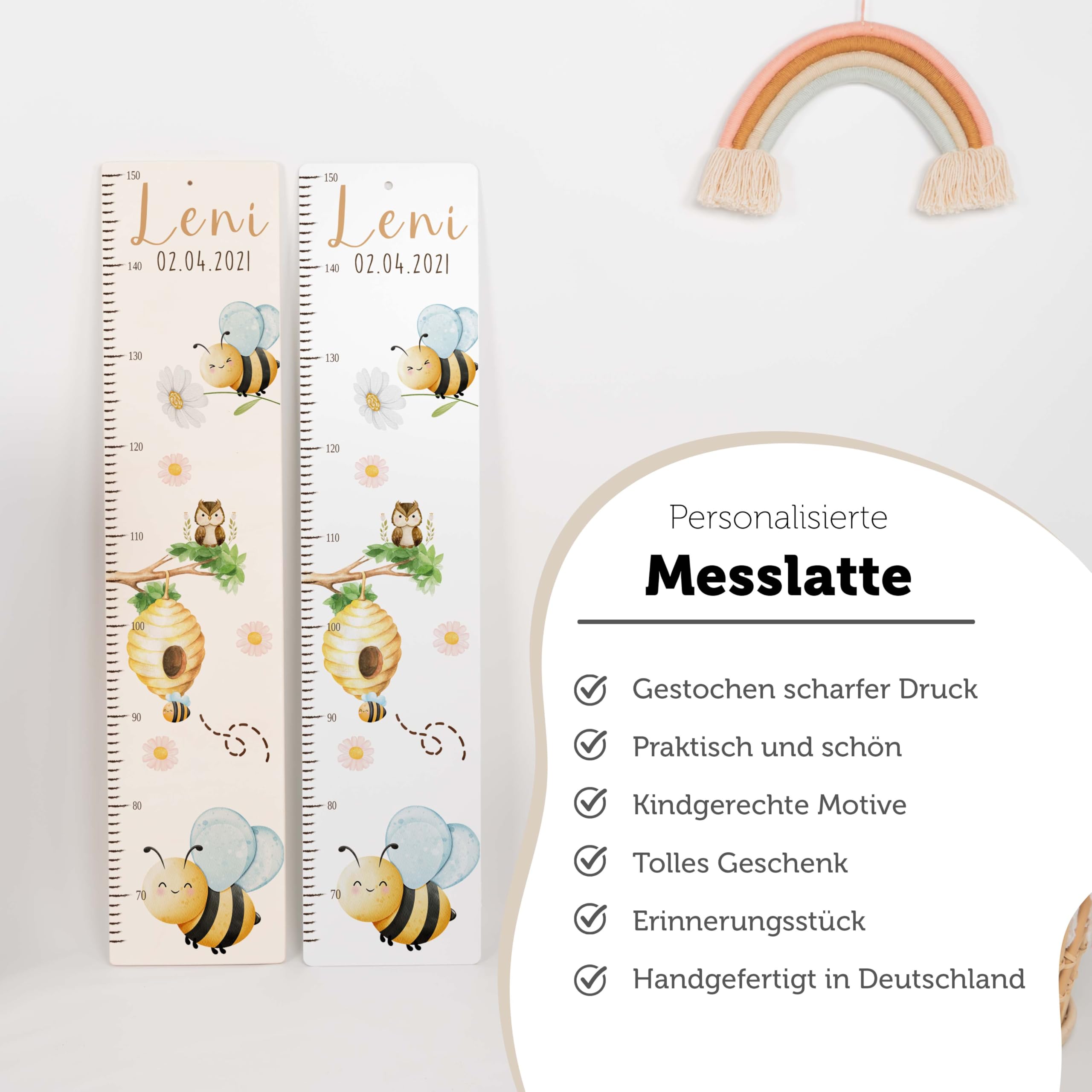 Kidsmood - Personalisierte Messlatte Kinder aus Holz – Hochwertige Messleiste & Wand-Deko für Baby- & Kinderzimmer mit zauberhaftem Biene – Tolles Taufgeschenk für Mädchen & Jungen - Skala 65-140cm
