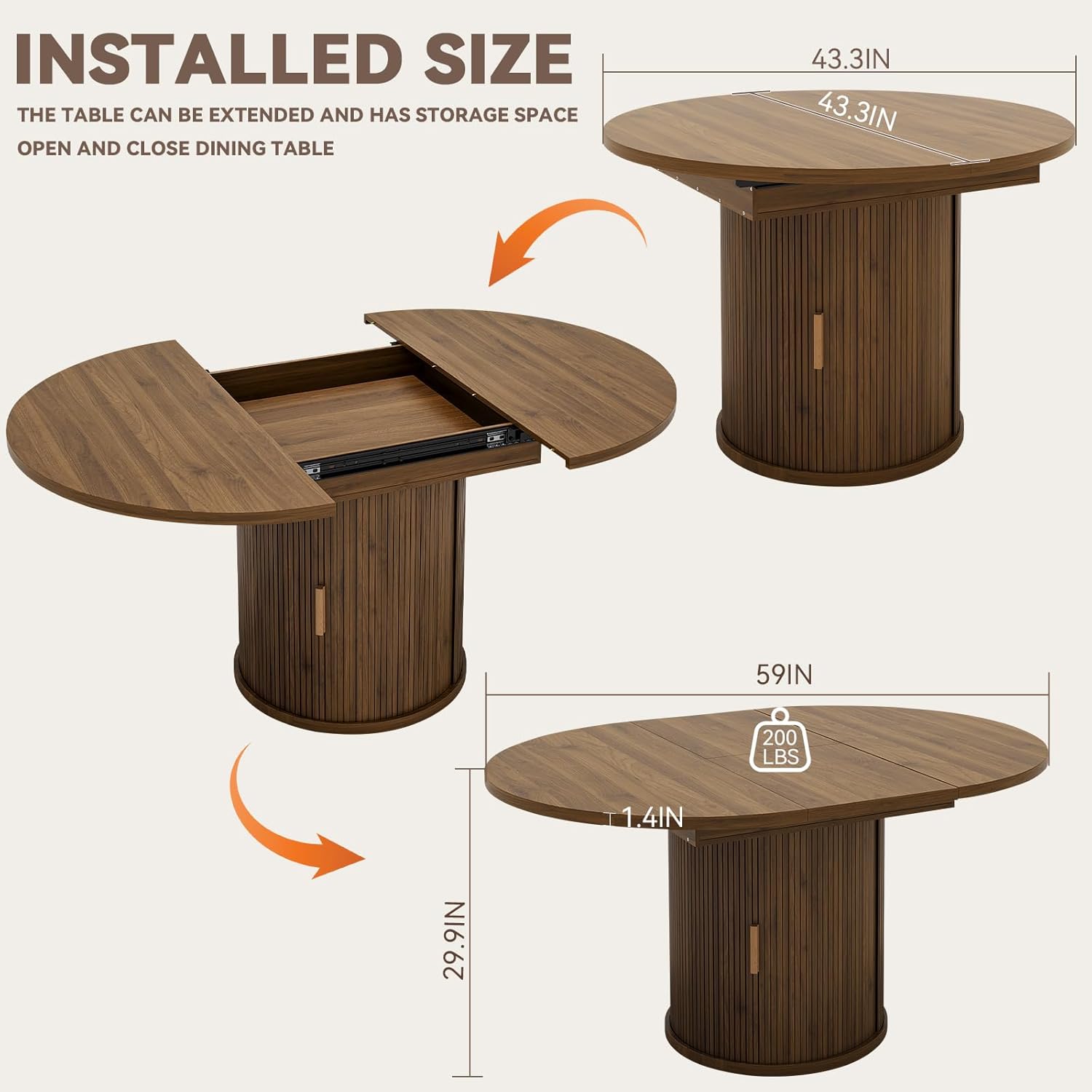 43.3" to 59" Extendable Dining Table for 4-6, Kitchen Round Table, Storage Dining Table with Double Shelves and Sliding Doors, Suitable for Family Dining Room,Walnut