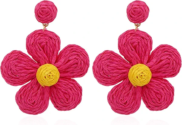 Just Follow Statement Earrings Drop Dangle Earrings for Women Hot Pink Earrings Geometric Beaded Hoop Earrings Boho Rose Petal Tassel Earrings