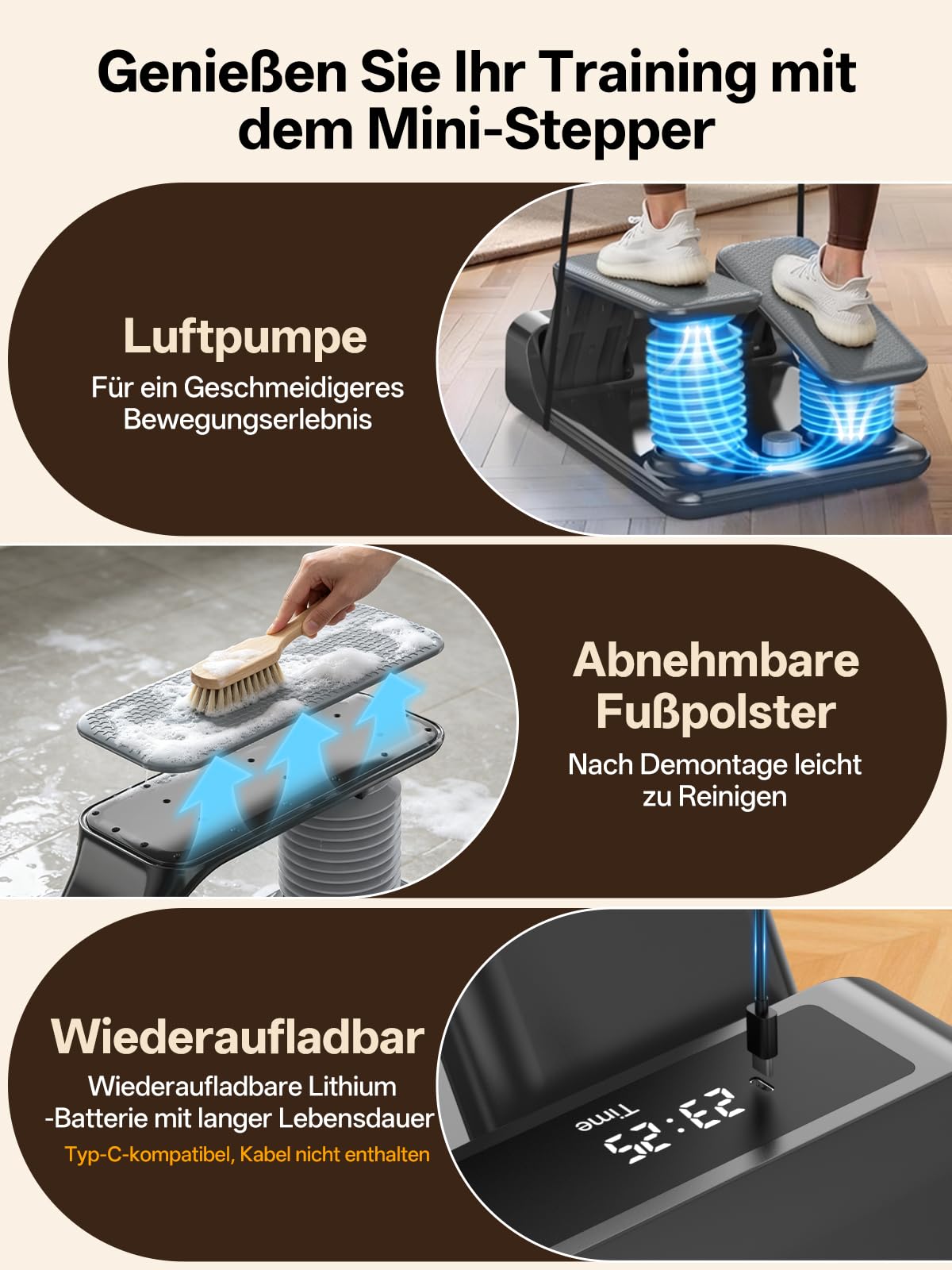 JOROTO Air Resistance Stepper für Zuhause, Mini Stepper mit 5-stufig Einstellbarer Intensität + Bändern, 300 LBS/136 KG, leise, LED-Display, für Wohnung & Home Gym