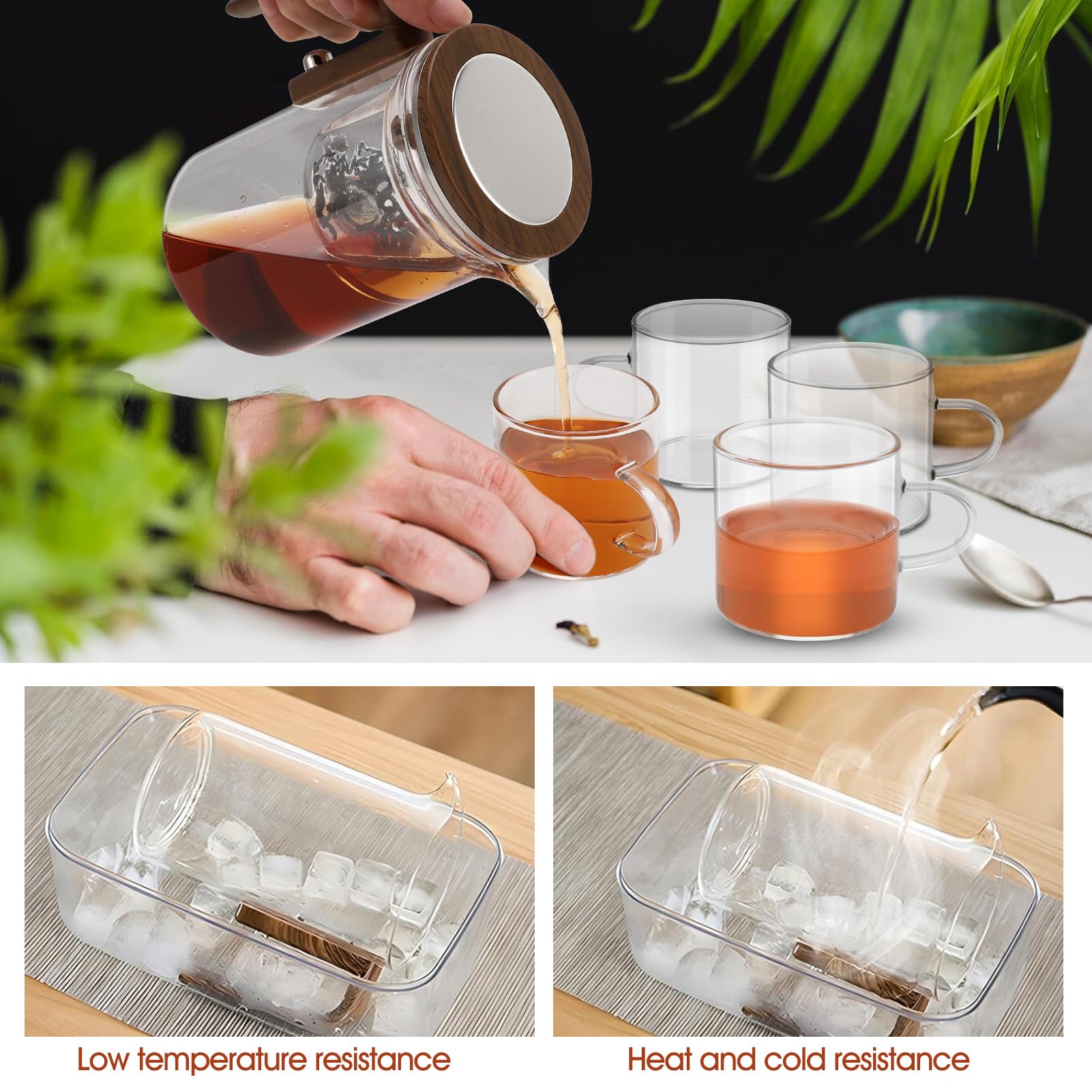 Set di Teiera Magica in Vetro Con Tazze da Tè, Divisore Con Riempimento dell'Acqua e Colino, Pressato per il Benessere e il Tè Pomeridiano (800 ml)