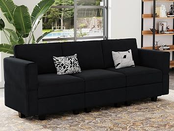 Belffin Modular Sofa Couch with Storage Seats Velvet 3 Seater Sofa for Living Room Black