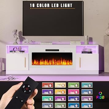 BOSSIN Fireplace TV Stand with 36 Electric Fireplace, LED Light Entertainment Center for TVs up to 80 Inch, Media Console with Storage Cabinet, Modern Wood Texture, 70 Inch White