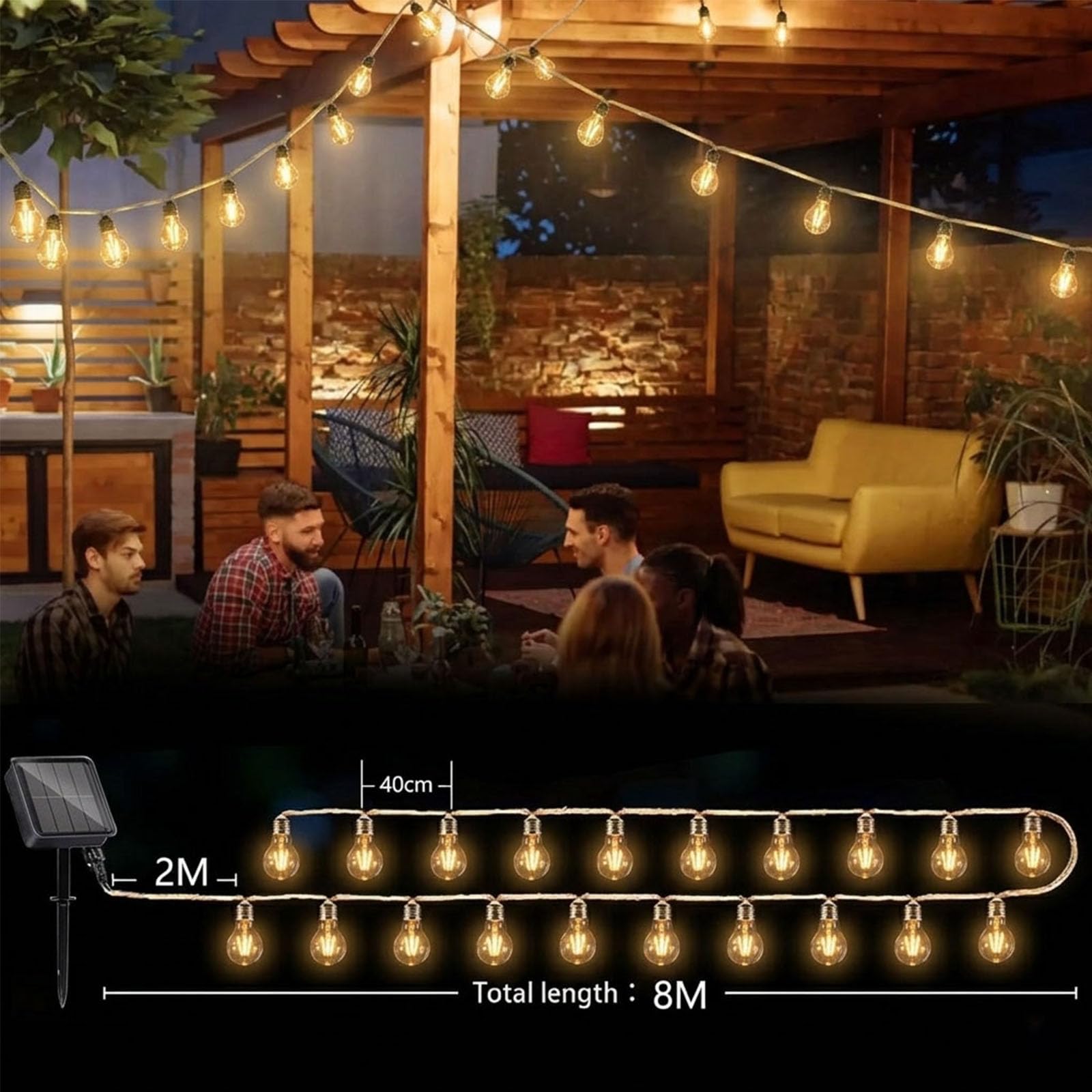 Solar lichterkette aussen, 16 Glühbirnen 8M/8 Modi Solar Lichterkette for Außen mit Hanfseil, IP65 Wasserdich,für Garten, Balkon, Hochzeit, Party (Warm Weiß)