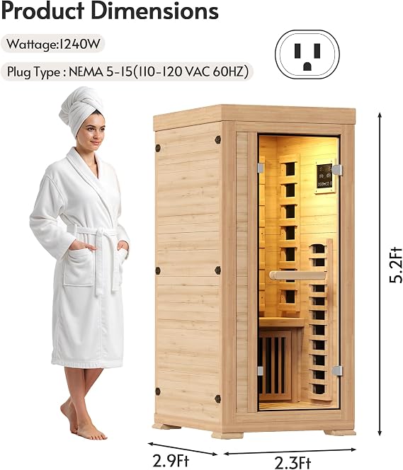 Infrared Sauna at Home 1 Person Mini with 7 Color Full Spectrum, Low EMF 1240W Fast Heating Canadian Hemlock Wood Sauna, Indoor Dry Sauna with Music Speakers for Home, Gym (2.3Lx2.9Wx5.2H Ft)