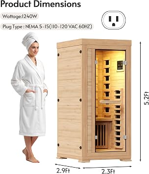 Infrared Sauna at Home 1 Person Mini with 7 Color Full Spectrum, Low EMF 1240W Fast Heating Canadian Hemlock Wood Sauna, Indoor Dry Sauna with Music Speakers for Home, Gym (2.3Lx2.9Wx5.2H Ft)