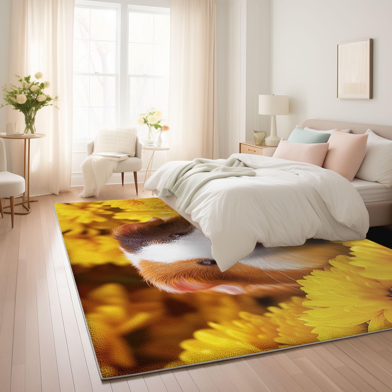 Générique Realistyczne zwierzę uroczy dywan do salonu świnka morska żółta chryzantema 80 x 150 cm łatwy do czyszczenia i odporny na zabrudzenia - miękka antypoślizgowa mata podłogowa do biura sypialni