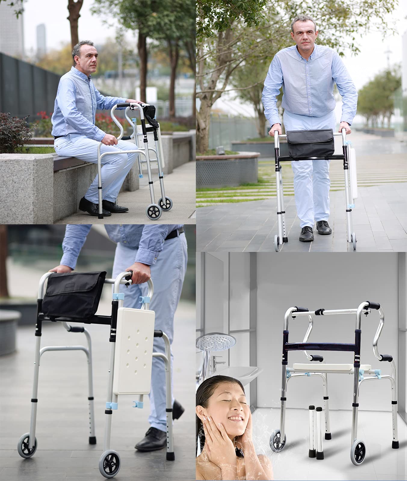 Andador Plegable y Ligero con Asiento, Ayuda portátil para Caminar para Personas Mayores o discapacitadas, Ideal para Interiores y Exteriores, Silla de baño y Ducha (con Ruedas) (sin Ruedas)