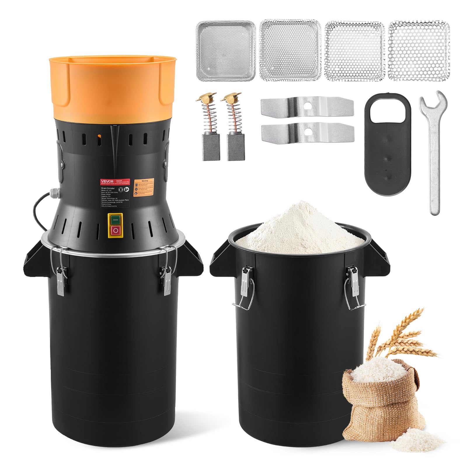 Condition photo showing New/Like New for vevor electric grain mill grinder, 600w high power commercial spice grinder, 25l pulverizer powder machine with galvanized sharp blades, for dry grains, spices, cereals, coffee, corn & pepper