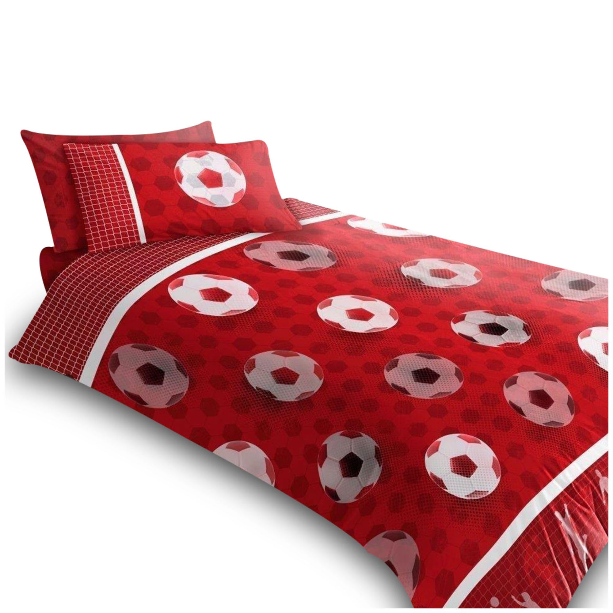 VELVETIO Easy Care Single Kids Duvet Cover Set with Pillowcase, Boys & Girls Football Bedding Bedset, Super Soft Reversible Soccer Printed Comforter Quilt, Red