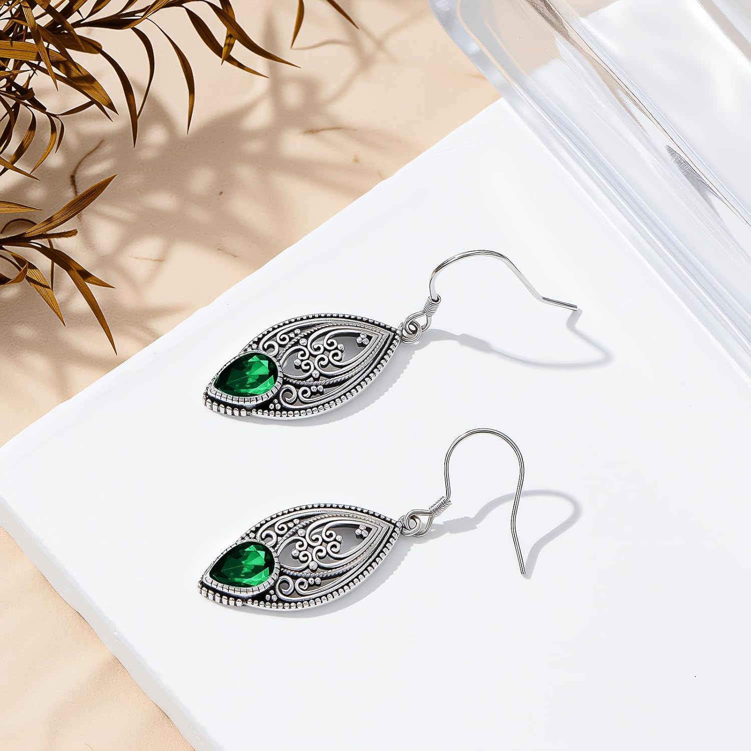 925 Sterling Silver Vintage Oxidized Filigree Dangle Drop Earrings with 7mm Teardrop 12 Months Birthstone Jewelry Gifts for Women - Image 3