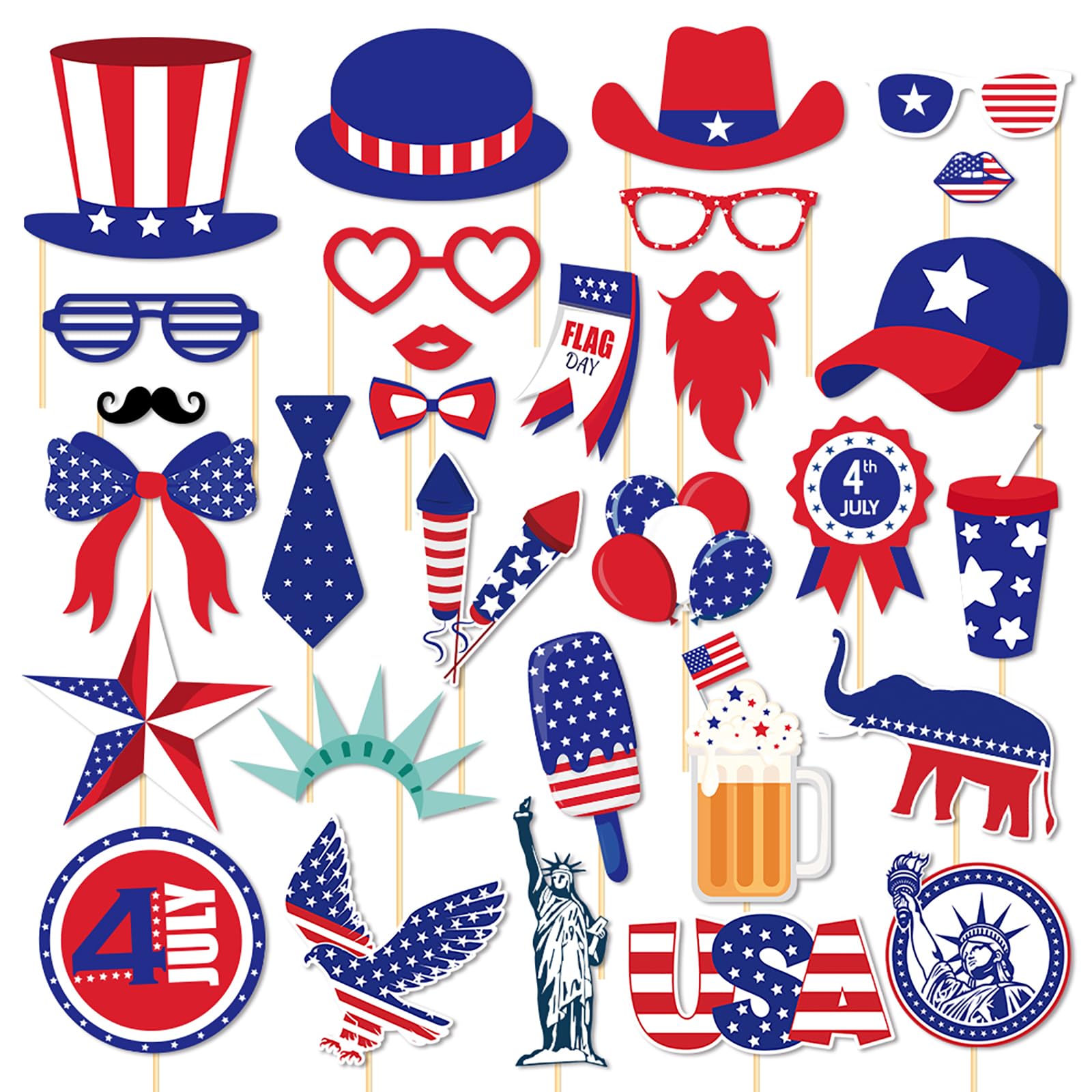 30 Pcs 4th of July Photo Booth Selfie Props Kit for Independence Day Party Game Decorations, American Patriotic Theme Labor Parade DIY Decors Supplies