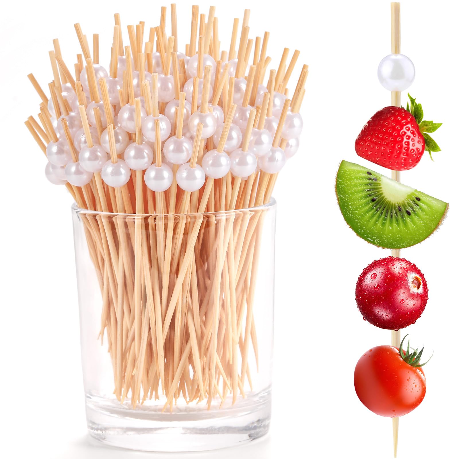 Paquete de 200 palillos de cóctel de 4.7 pulgadas, palillos de dientes de bambú para aperitivos, frutas, embutidos, bebidas, mini pinchos de madera elegantes para fiestas, decoración de bola blanca