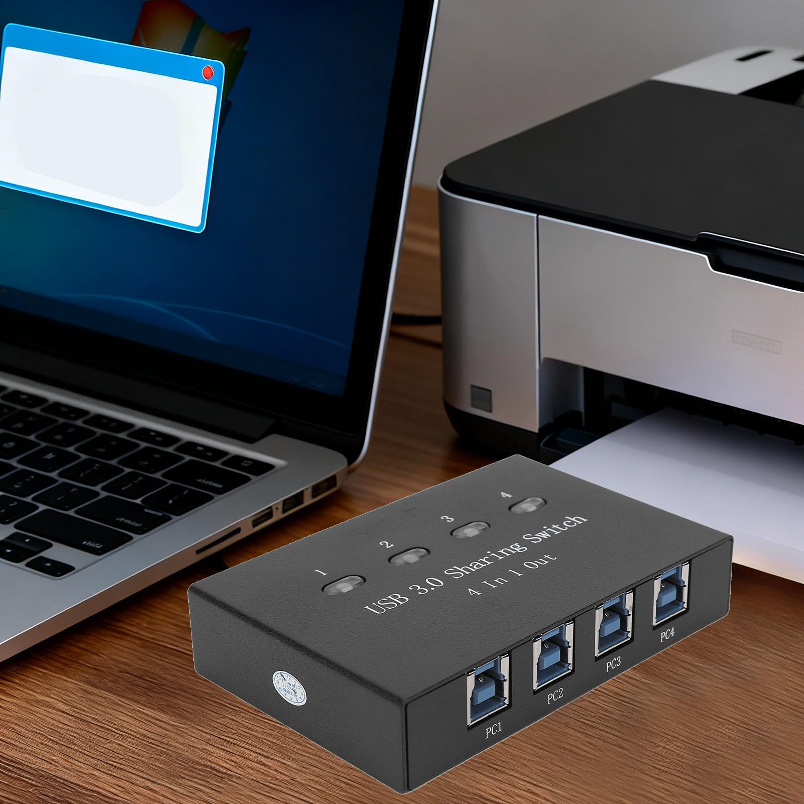 Jectse Switch per Condivisione Stampante USB 3.0, Commutatore Manuale 4 in 1 Uscita per Computer, con Connessione Stabile per più Sistemi Operativi e OS X