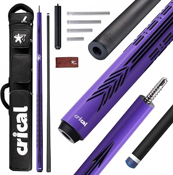 CRICAL Carbon Fiber Pool Cue Stick Set, 58 Inch Low Deflection Pro Taper Shaft, 12.5mm Tip, 3/8x8 Joint, 3D Wrapless Grip, Hard Case, Extension, Weight Bolt Kit and Towel