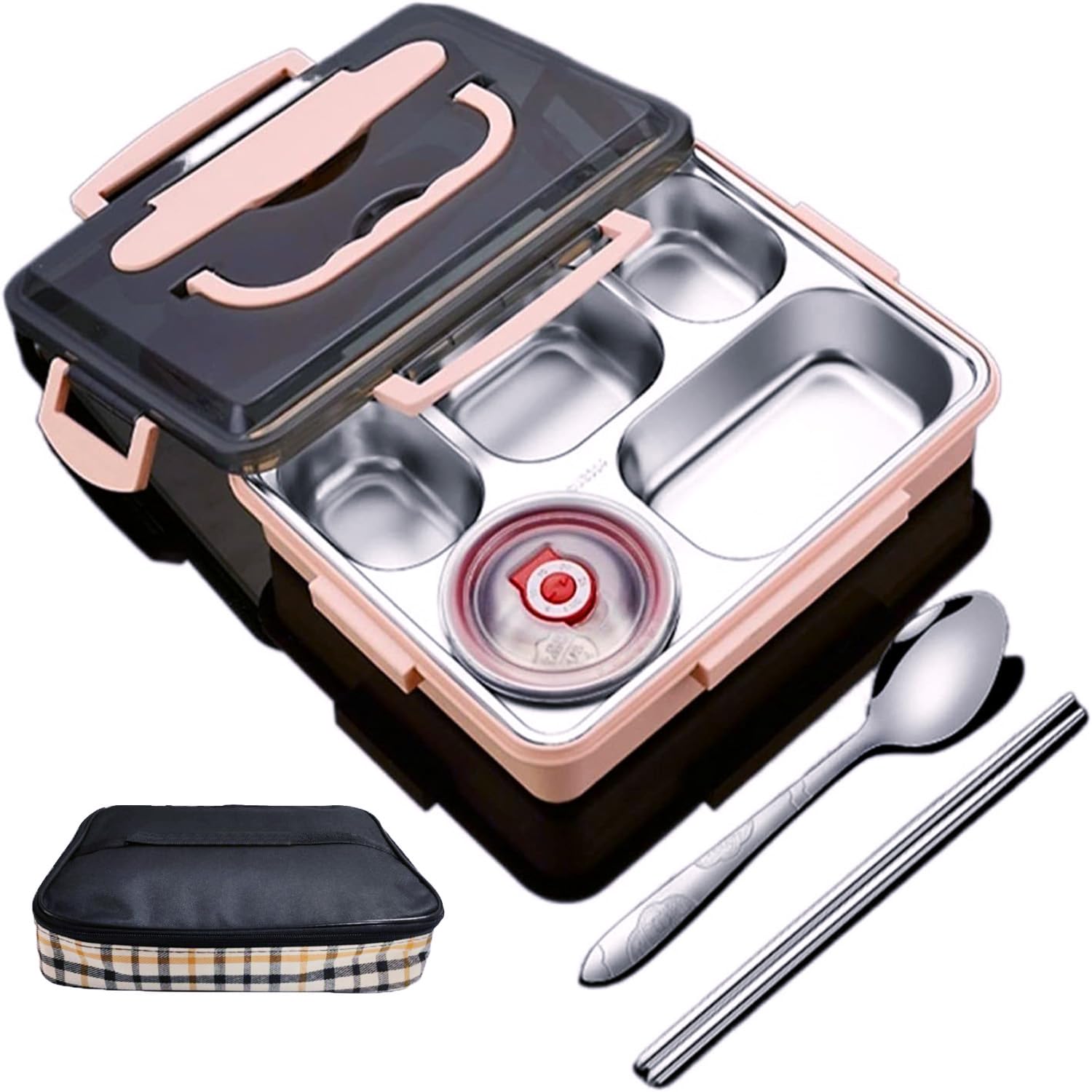 Stainless Steel Lunch Box with 5 Compartments Lunch Container, Leak-Proof Bento Box with Tableware & Insulation Bag & Soup Bowl for Kids Adults School and Office Hot Water Heating, On Go Meals(Pink)