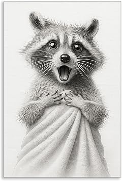 perasi Bathroom Animal Canvas Wall Art, Funny Raccoon In Towel Poster, Black and White Whimsical Animal Picture for Restroom Washroom, Modern Humor Raccoon Print Restroom Wall Decor 12x16in Unframed