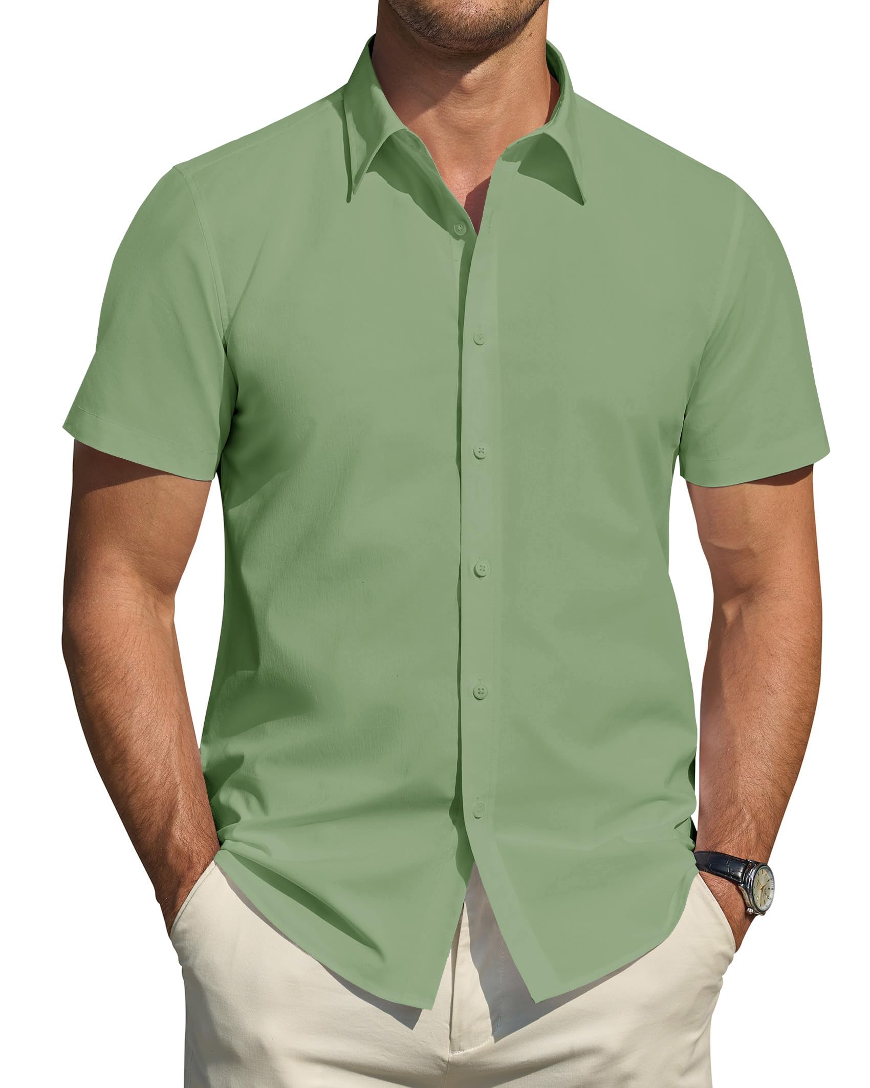 J.VER Men's Short Sleeve Dress Shirts Stretch Stain Shield Casual Button Down Shirts Solid Formal Shirt 3X-Large Sage Green