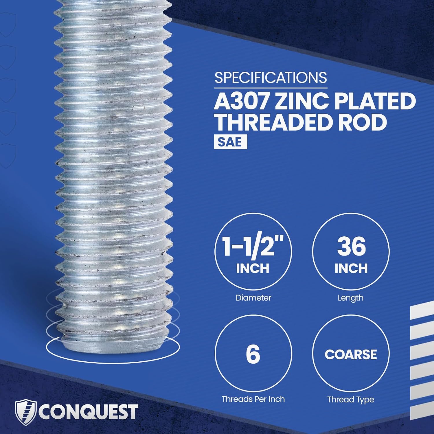 Conquest A307 Zinc Plated Threaded Rod 1-1/2"-6 x 36 Inches - Coarse Threaded All-Thread Rods - Manufactured to ASTM A307 Standards