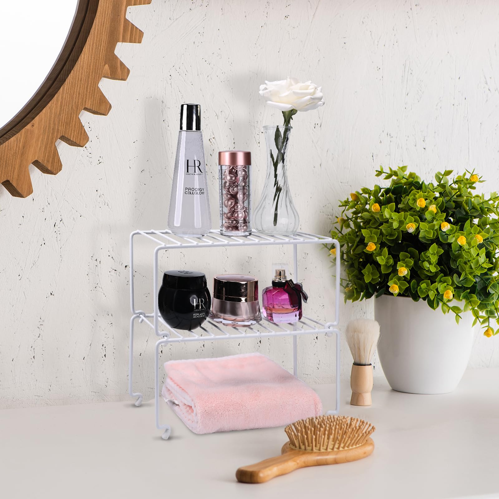 Paquete de 2 estantes pequeños (10.8 x 5.3 pulgadas), color blanco, apilable, organizador de estantes de cocina para gabinetes, organizadores de despensa y almacenamiento, estante de alambre 8