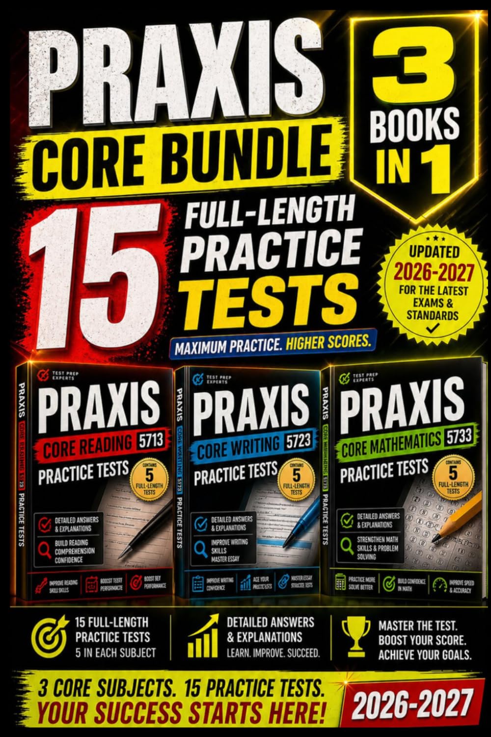 Praxis Core Reading 5713 + Writing 5723 + Mathematics 5733 Practice Tests: 2026–2027 — 15 Full-Length Exams with Detailed Answer Explanations, Diagnostic Review, Score-Boosting Strategies