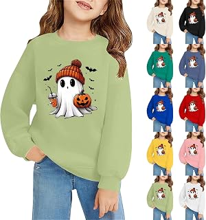 Sudadera de gran tamaño para niñas, cuello redondo, patrón de Halloween, camiseta de algodón, sin pelusas, manga larga, casual, con capucha, para niñas, 1-amarillo, 10-11 años