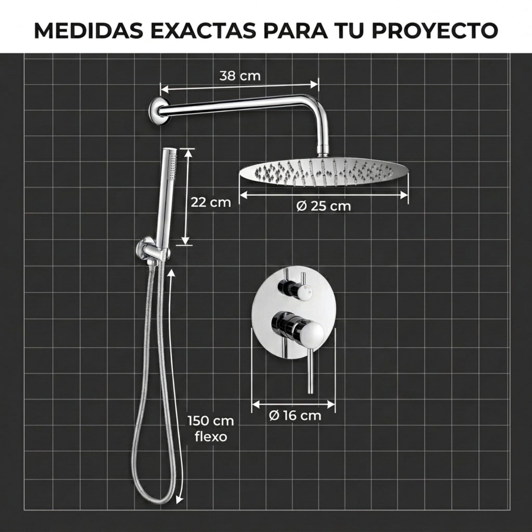 VALAZ Douche Encastrable | Mitigeur Douche 2 voies, Pulvérisateur Effet Pluie | Installation Murale Facile et Rapide | Inoxydable, Ronde, Pulvérisateur 25 cm, Chromé, Série Jucar