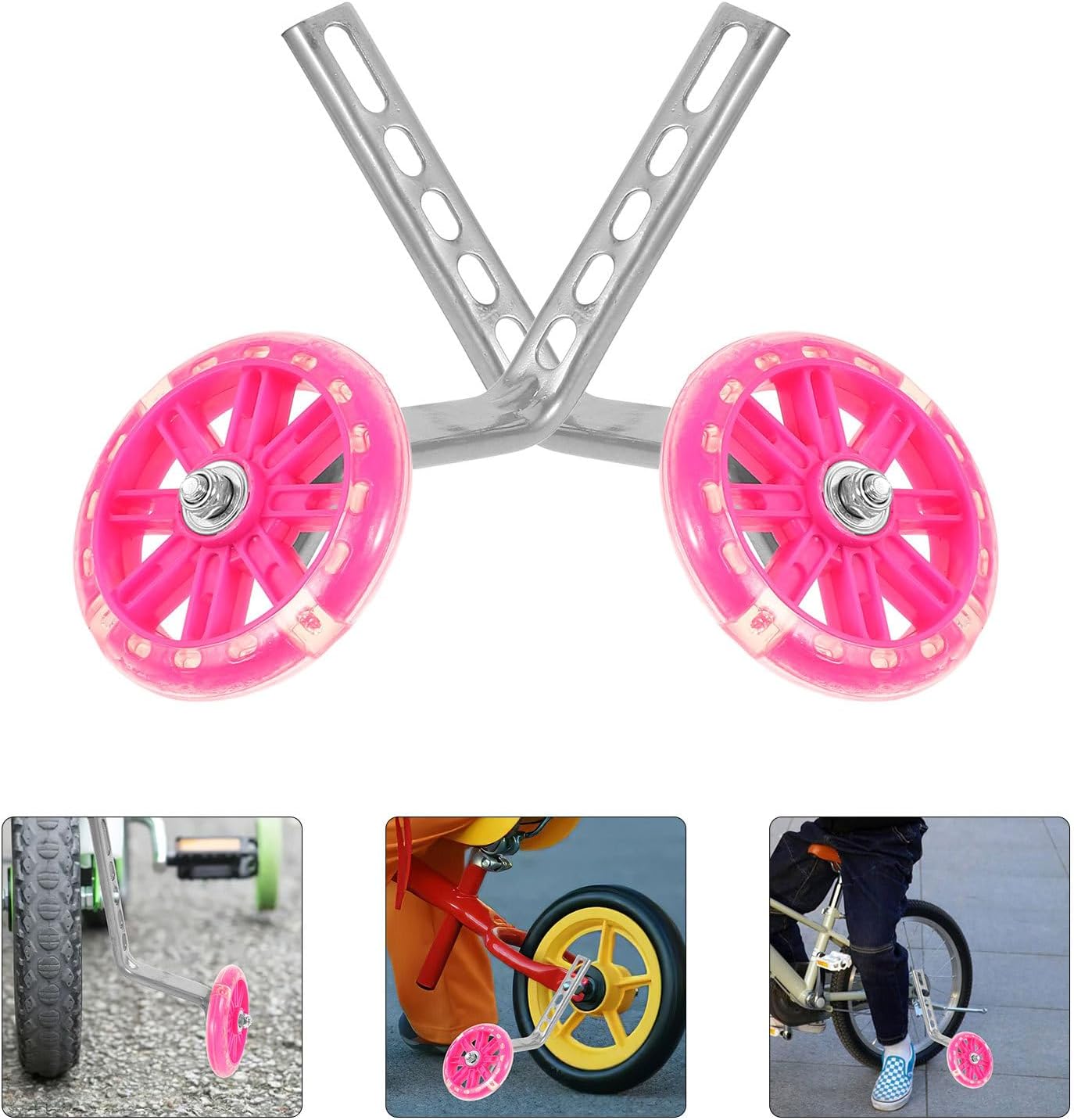 ’s Bike Training Wheels with LED Light, Pink Auxiliary Stabilizer Wheels for Beginners, Replacement Balance Support for ’ Bicycle, Sturdy Bike Training Accessories