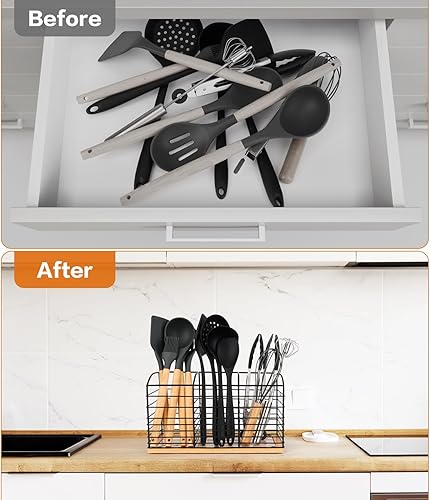 Miniatura 2 de Soporte grande para utensilios para encimera de cocina, diseño estético de 11.8 x 6.7 x 4.7 pulgadas, 3 compartimentos, organizador de utensilios de