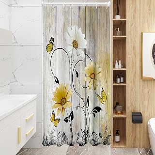 AAtter Yellow Floral Shower Curtain Flowers White Daisy Butterfly Cute Stall Small Single Walk in Half Size Dorm Standing Narrow Stand Up RV Home Bathroom Decor Bathtub Set with 7 Hooks, 36x72, Rustic
