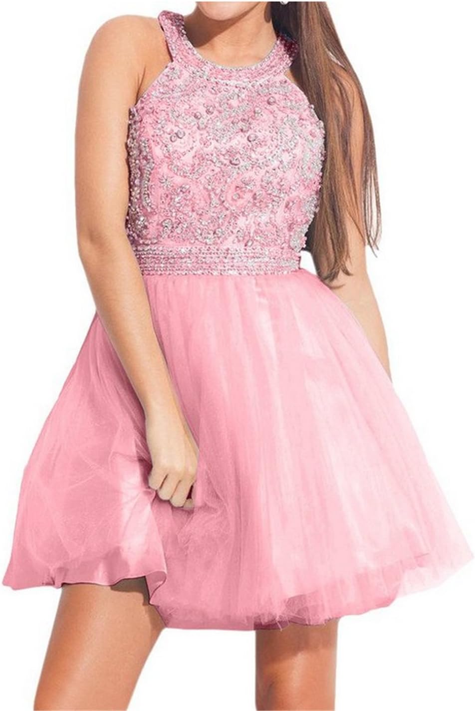 Queenworld Woman's Short Prom Dressees Homecoming Dress With Beads US-16 Pink