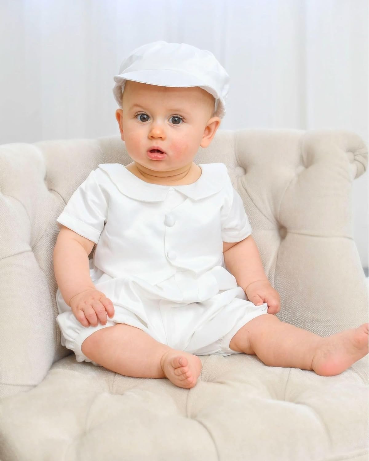 Carriage Boutique Baby Boys - Satin Baptism Romper with Hat
