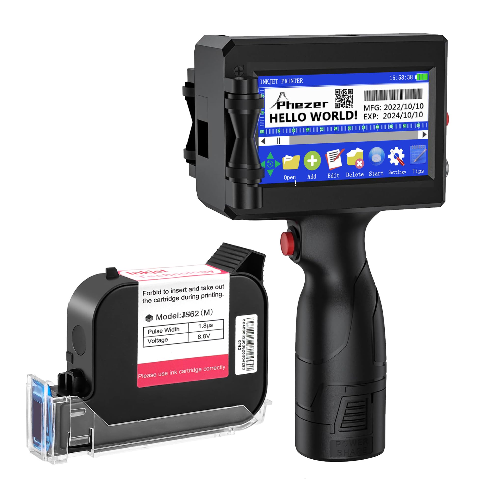 Phezer 0,5 Zoll P15 mobiler Handdrucker mit JS62 Quick-Dry Tinte, tragbarer Tintenstrahldrucker für QR-Code Barcode Datum MHD Chargennummer Logo und Seriennummer auf Karton, Kunststoff, Holz, Glas