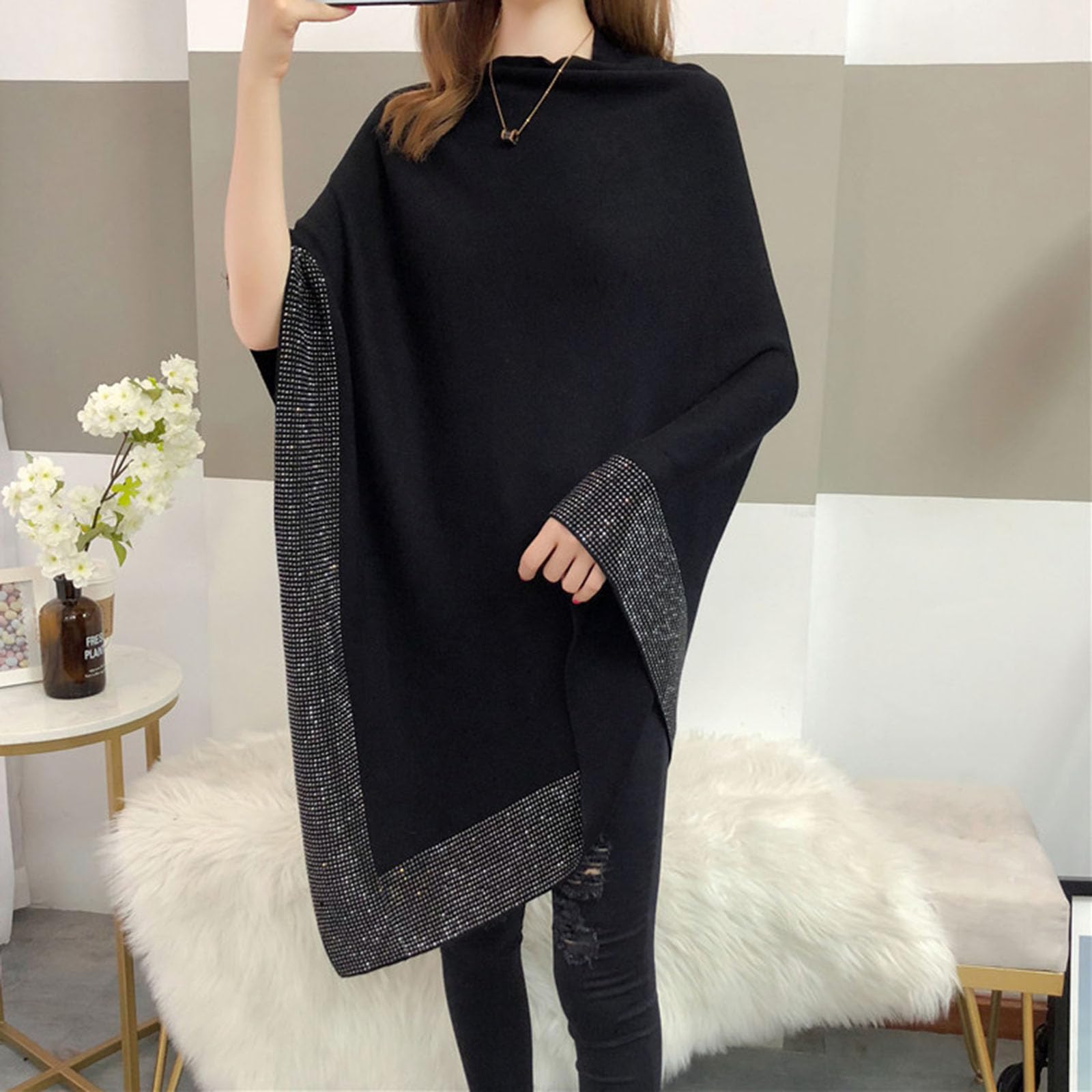 Genérico Chal de lana brillante para mujer, chal irregular con diamantes de imitación, elegante poncho de punto para mujer