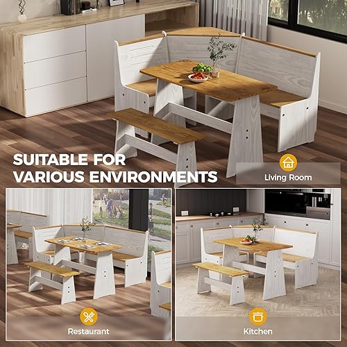 Miniatura 4 de Juego de mesa de rincón de cocina para desayuno, banco de esquina de madera maciza para 4-6 personas, banco en forma de L para comedor, ahorro de